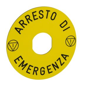Napisna legenda Ø 90 za izklop v sili - ARRESTO DE EMERGENCIA/logo ISO13850